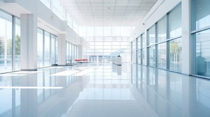 Soft Illuminated Office Interior: Blurred Hall with Panoramic Windows, Canon RF 50mm f/1.2L USM Perspective
