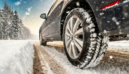 Side and bottom view of the close-up of a car with winter tires on a snowy and icy road while it is snowing. Generative Ai.