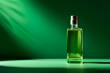 bottle with leaves on green background