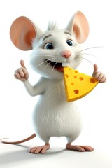 A cartoon mouse holds a slice of cheese on a white background. 3d illustration