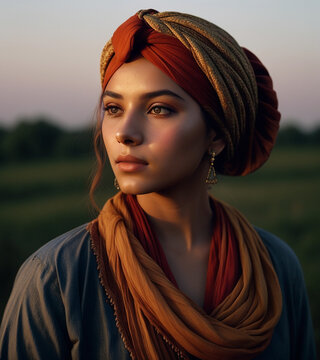 Close-up portrait of an Arabic girl in traditional Islamic dress of southern Iran.