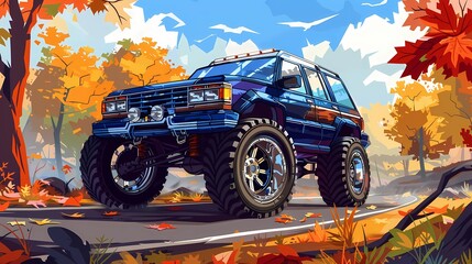 off-road car, country music background, road trip,