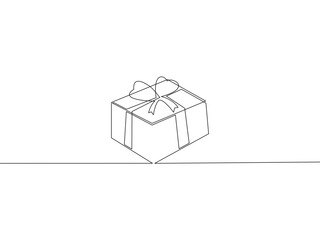 Gift box continuous one line drawing on white background.