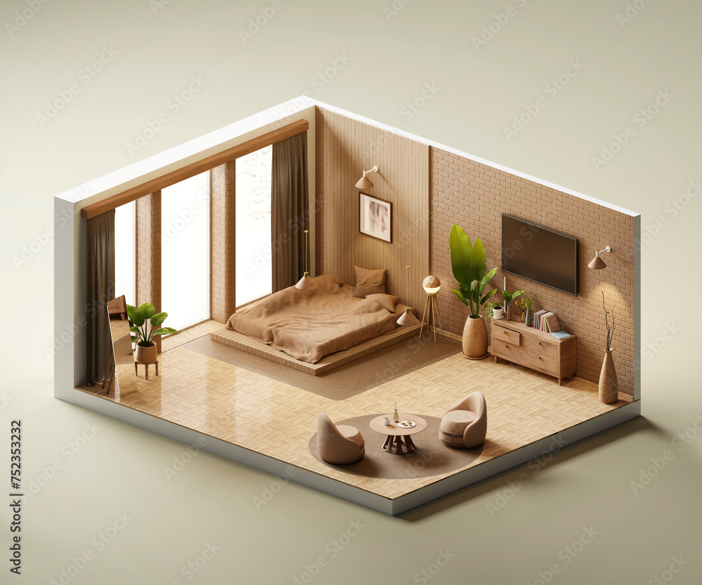 Poster isometric view bed room open inside interior architecture 3d rendering digital art