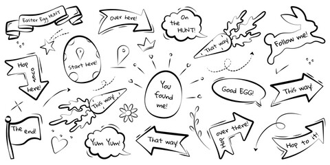 Doodle Pointers for the Easter egg hunt game. A hand-drawn vector set with isolated Easter sketches for quests, games, and designs in a children's style.