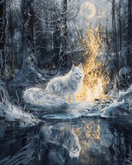 Obraz premium Moonlit Mythos: Enchanted Wolf by the Lake