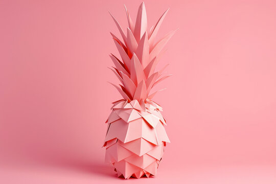 Pink origami pineapple on a pink background, minimalistic design, 3D ing concept for summer and tropical themes