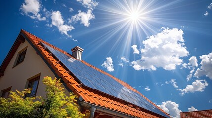 Photovoltaic panels on the roof. View of solar panels (solar cell) in the roof house with sunlight