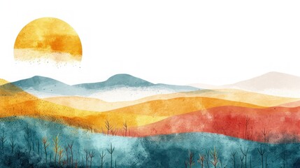 Sun setting over vibrant, layered hills creating a serene landscape. Watercolor landscape with mountains and sun. - obrazy, fototapety, plakaty