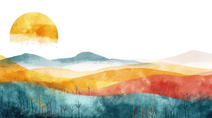 Fotobehang Sun setting over vibrant, layered hills creating a serene landscape. Watercolor landscape with mountains and sun. © KrikHill