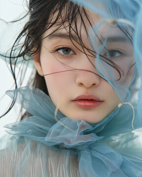 Portrait of beautiful asian women with organza dress. blue background	