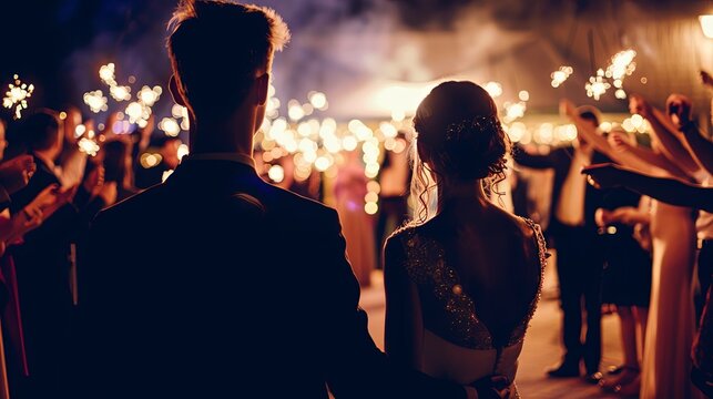 A newlywed couple faces a joyful crowd holding sparklers at their night-time wedding reception, creating a festive atmosphere.
 - Powered by Adobe