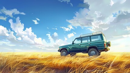 off-road car, country music background, road trip,