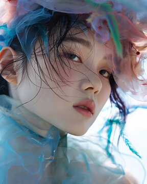 Portrait of beautiful asian women with organza dress. blue background