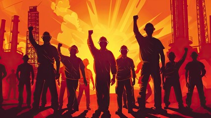 silhouettes of working people in hard hats with their hands raised against the background of a factory, for Workers Day