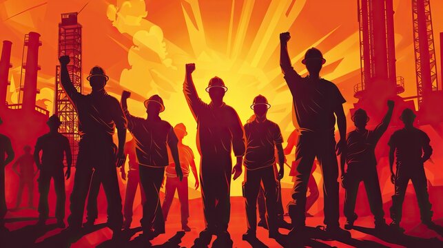 silhouettes of working people in hard hats with their hands raised against the background of a factory, for Workers Day - Powered by Adobe