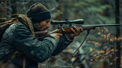 A side on photo of a man aiming an old hunting rifle in the woods. Wearing hiking gear