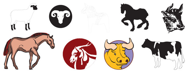 FARM ANIMALS Cliparts horse cow hen mice rat lama sheep goat dunkey miscellaneous animals creative clipart and cartoons etc - compendium vector illustrations editable best art design for multipurpose 