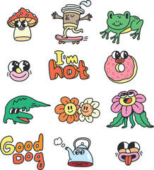 Obraz premium Set of doodle groovy cartoon characters