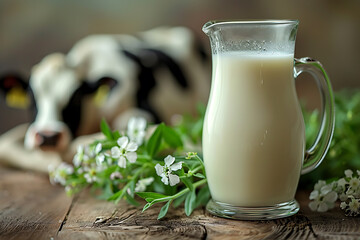 Obraz na płótnie Canvas Clear glass jug of milk on wooden table, cows walking on grass background, rustic, natural environment