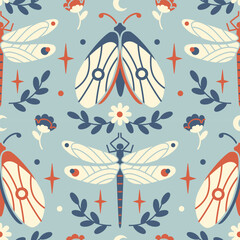 Folk style vector seamless pattern. Bohemian background with moth, and dragonfly. Muted spring garden aesthetic. Limited palette seamless graphic