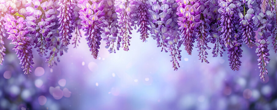 Spring wisteria blooming flowers in sunset garden. Purple japanese wisteria sinensis branch on blurred background for design greeting card, banner, poster, wallpaper, invitation with copy space