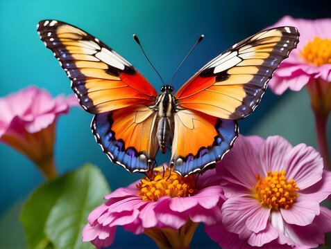 Colorful butterflies swarm on flowers amidst a beautiful natural background.