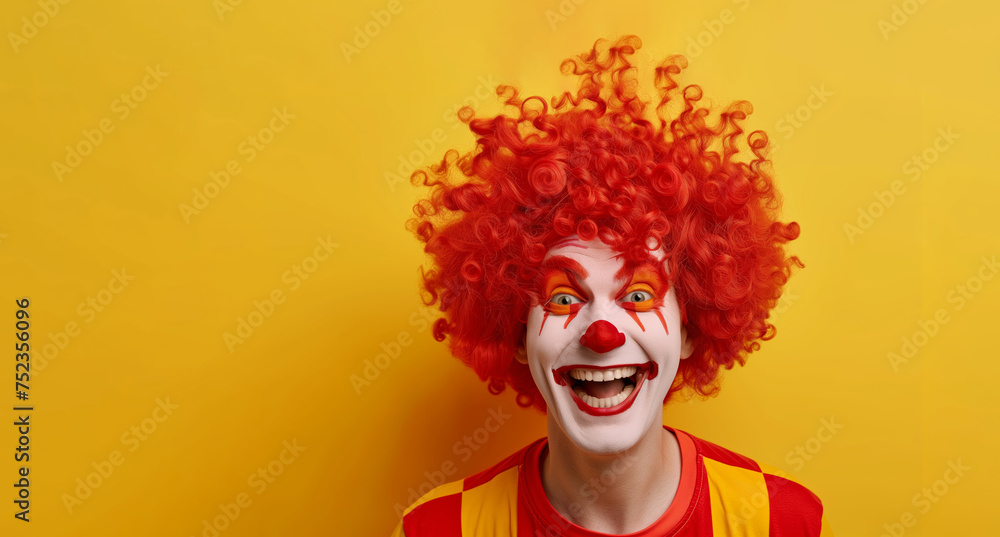 Poster a clown with red hair and a red wig is smiling and looking at the camera. the clown is dressed in a 
