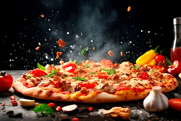Image of fresh delicious pizza with ingredients to use in food banner, ad, flyer, and social media post