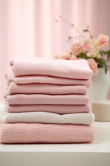 Obraz na płótnie Canvas stock photo,Neat stack of folded pastel-colored towels. spring laundry, simple, feminine palette сreated with Generative Ai