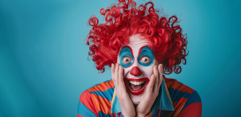 A clown with red hair and a red wig is smiling and looking at the camera. the clown is dressed in a bright and colorful outfit.funny man clown, April Fool, circus performer, wide smile and laughter