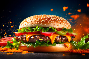 Image of  Burger with burger ingredients to use in food banner, ad, flyer, and social media post