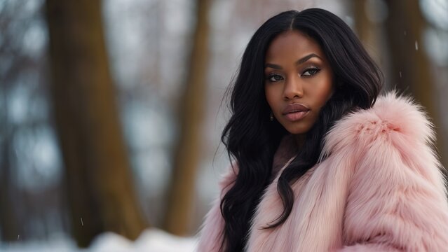 Beauty of a black woman with long hair, pink fur coat with long faux fur
