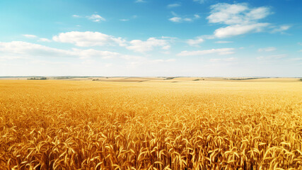 Naklejka premium Wheat field border with blue sky and white clouds.