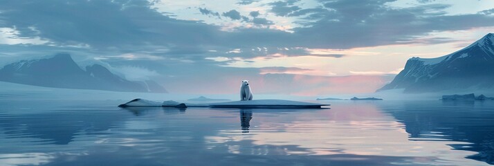 Polar Bear Sitting on Melting Iceberg with a Mountainous Backdrop