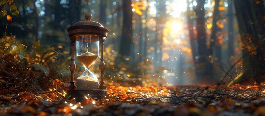 A classic hourglass sits in a bed of autumn leaves with sunlight filtering through the trees, creating a magical atmosphere