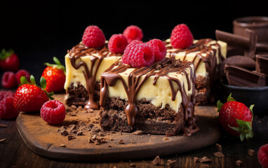 a piece of cake with chocolate and raspberries on a wooden board with chocolate chips and strawberries, generative ai