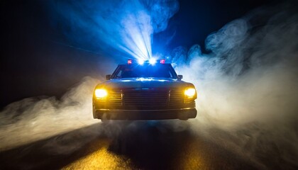 Fototapeta na wymiar Nighttime Drama: Police Car Strobe Lights Piercing Through Smoke