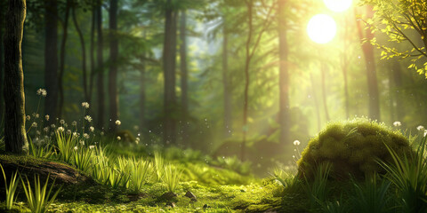 Sunlight filtering through lush green forest with grass and dandelions on a sunny day in nature...
