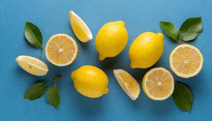 Fresh and tasty lemons on blue background. Healthy and sweet fruit. Juicy citrus. Natural product.