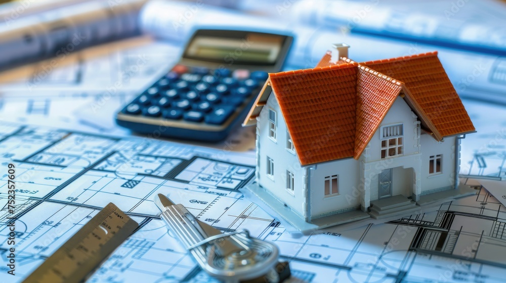 Poster architectural photo of a house model on the top of blueprints and a calculator, sony alpha a7 iv
