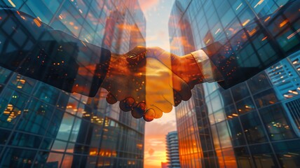 Businessmen handshake on an abstract background corporate skyscrapers at sunset, double exposure. Partnership, success, deal, agreement, cooperation, business contract concept

