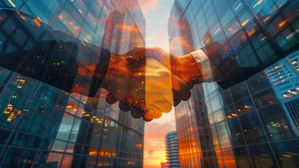 Foto op Plexiglas Businessmen handshake on an abstract background corporate skyscrapers at sunset, double exposure. Partnership, success, deal, agreement, cooperation, business contract concept   © Face Off Design