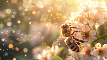 Bees swarming the flowers - obrazy, fototapety, plakaty