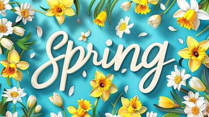 Fototapeta na wymiar Joyful Spring logo with an explosion of flowers on blue background, happy handwriting word in a colorful floral design, festive seasonal greeting card