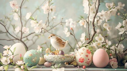 Easter Bird Among Decorated Eggs, To provide an appealing and relevant Easter-themed image for advertising, marketing, and promotional materials,