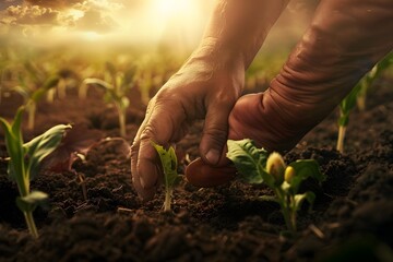 Hands of Farmers Planting Life in the Field, This image can be used to convey the beauty and importance of farming, the growth of life, and the