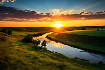 Beautiful Sunset over Rolling Hills: A Study in Contrasts and Reflections