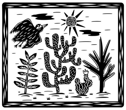 Brazilian cordel style. Desert landscape and bird flying towards the sun. Cacti, succulents, sun and clouds on frame. Woodcut style.