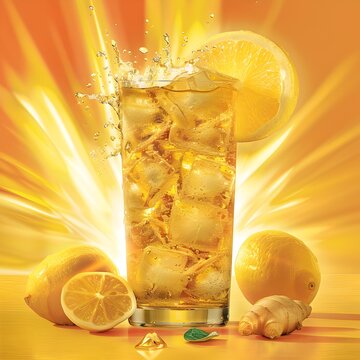 Ice-filled Cup with Lemon on Yellow Background, This image would be perfect for advertisements or marketing materials featuring refreshing beverages